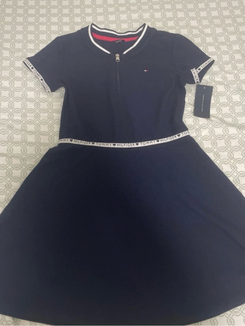Tommy Hilfiger Navy and White Logo-Trim Polo Skater Dress
